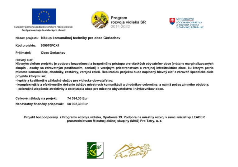 Nákup komunálnej techniky pre obec Gerlachov