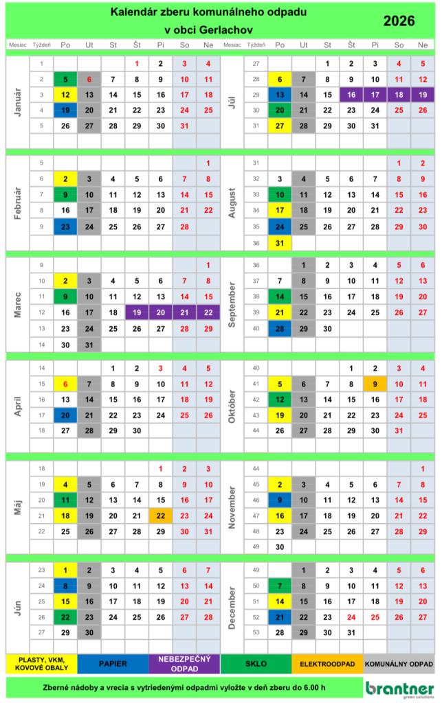 Kalendár triedeného zberu komunálneho odpadu 2026 